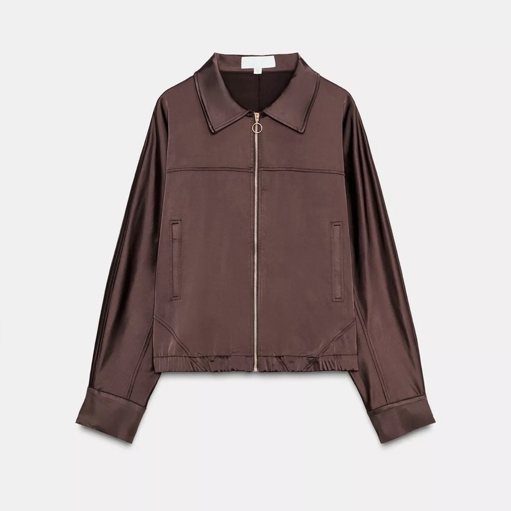 New Zara satin zip-up jacket in brown - medium